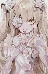 Rule 34 | 1girl, blonde hair, commentary request, flat chest, flower, flower over eye, frilled shirt, frills, hair flower, hair ornament, highres, kirakishou, lolita fashion, long hair, looking at viewer, medium bangs, naruse (nal1525), open mouth, plant, rose, rozen maiden, shirt, sidelocks, simple background, slit pupils, smile, solo, two side up, upper body, very long hair, vines, wavy hair, white background, white flower, white rose, white shirt, yellow eyes