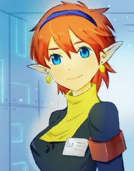 Rule 34 | 1girl, armband, blue eyes, breasts, chisato madison, closed mouth, commentary request, earrings, hairband, jewelry, medium breasts, orange hair, pointy ears, reporter, short hair, smile, solo, star ocean, star ocean the second story, upper body