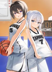 Rule 34 | 2girls, ball, bare arms, bare shoulders, basketball, basketball (object), basketball jersey, black hair, breasts, center-chan (tapioka (oekakitapioka)), commentary request, grey hair, hair between eyes, hair bun, highres, holding, holding ball, indoors, looking at viewer, medium breasts, multiple girls, original, parted lips, ponytail, purple eyes, shorts, single hair bun, tapioka (oekakitapioka), white shorts