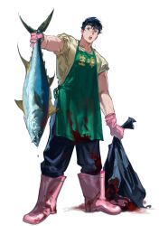 Rule 34 | 1boy, animal, apron, arm up, atie1225, bag, black hair, blue pants, boots, fish, full body, gloves, green apron, highres, holding, holding animal, holding fish, looking at viewer, loose pants, male focus, open mouth, original, pants, pink footwear, plastic bag, rubber boots, rubber gloves, shirt, standing, thick eyebrows, yellow shirt