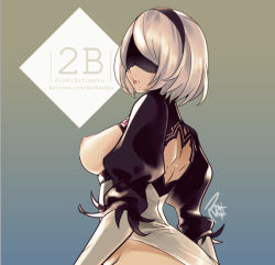 Rule 34 | 1girl, aa2233a, back cutout, black dress, black hairband, blindfold, breasts, breasts out, cleavage cutout, clothing cutout, covered eyes, cowboy shot, dress, feather-trimmed sleeves, hairband, highleg, highleg leotard, juliet sleeves, large breasts, leotard, long sleeves, marker (medium), mole, mole under mouth, nier (series), nier:automata, nipples, no pants, pink lips, puffy sleeves, short hair, silver hair, solo, traditional media, vambraces, white leotard, 2b (nier:automata)