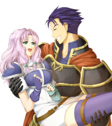 Rule 34 | 1boy, 1girl, aqua eyes, armor, belt, blue hair, breastplate, breasts, carrying, circlet, couple, delsaber, dress, closed eyes, fingerless gloves, fire emblem, fire emblem: the blazing blade, florina (fire emblem), gloves, grin, hector (fire emblem), hetero, light purple hair, long hair, looking at another, nintendo, open mouth, princess carry, short hair, simple background, smile, tears, thighhighs, upper body, white background