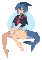 Rule 34 | 1girl, azuumori, bare legs, barefoot, black sailor collar, black shirt, blue hair, fins, fish tail, hair between eyes, highres, invisible chair, looking at viewer, mako (azuumori), multicolored hair, neckerchief, one-piece swimsuit, original, red neckerchief, sailor collar, shark fin, shark girl, shark tail, shirt, short hair, short sleeves, sitting, smile, solo, swimsuit, swimsuit under clothes, tail, white background, white one-piece swimsuit