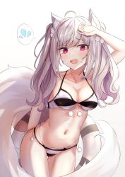 Rule 34 | 1girl, ahoge, animal ear fluff, animal ears, arm up, asymmetrical breasts, bare arms, bare shoulders, bikini, black bikini, blush, breasts, cleavage, collarbone, commentary request, fang, fox ears, fox tail, front-tie bikini top, front-tie top, grey hair, hand up, highres, holding, innertube, long hair, looking at viewer, medium breasts, multi-strapped bikini, navel, open mouth, original, panipo, pink eyes, simple background, smile, solo, stomach, striped bikini, striped clothes, sweatdrop, swim ring, swimsuit, tail, thigh gap, twintails, white background, white bikini