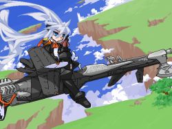 Rule 34 | 1girl, cannon, cliff, day, floating hair, full body, green eyes, long hair, looking at viewer, machinery, mof, mof&#039;s silver haired twintailed girl, oekaki, original, outdoors, silver hair, solo, very long hair