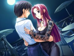 Rule 34 | 1boy, 1girl, black hair, breasts, cleavage, couple, dancing, dress, eye contact, face-to-face, game cg, hetero, jewelry, large breasts, long hair, looking at another, moon, necklace, night, ooeyama inori, pink hair, purple eyes, purple hair, shironeko sanbou, sky, smile, standing, teacher and student, terrace, tsushima leo, tsuyokiss, umbrella, wallpaper