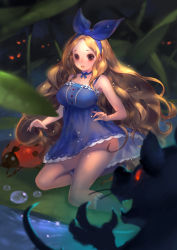 Rule 34 | 1girl, animal, bare arms, bare shoulders, black eyes, blue bow, blue dress, blue socks, blurry, bow, breasts, bug, choker, depth of field, dress, flower, glowing, glowing eyes, hair ornament, hairband, highres, insect, kneehighs, kneeling, ladybug, large breasts, light brown hair, light particles, long hair, looking at viewer, mini person, minigirl, mouse (animal), no panties, parted lips, red eyes, red lips, ribbon-trimmed dress, see-through silhouette, short dress, sleeveless, sleeveless dress, socks, solo focus, sparkle, thumbelina, thumbelina (character), truelion, very long hair, water drop, water surface
