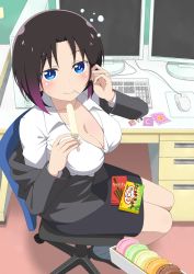 Rule 34 | 10s, 1girl, :&gt;, black footwear, black hair, black legwear, blazer, blue eyes, blush, body blush, brand name imitation, breasts, candy, chair, cleavage, closed mouth, collarbone, computer, computer tower, condom, desk, dress shirt, eating, elma (maidragon), food, formal, from above, from side, gradient hair, hand in own hair, highres, holding, holding food, jacket, keyboard (computer), kobayashi-san chi no maidragon, long sleeves, macaron, medium breasts, monitor, mouse (computer), mousepad, mousepad (object), multicolored hair, off shoulder, office chair, office lady, pencil skirt, pocky, popsicle, purple hair, sa no hi ra mugi, shirt, shoes, sitting, skirt, skirt suit, slit pupils, smile, snack, solo, suit, sweatdrop, swivel chair, white shirt