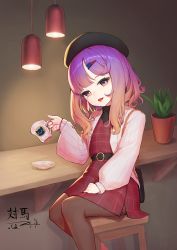 Rule 34 | 1girl, alternate costume, bag, belt, black belt, black footwear, black hat, black pantyhose, blush, brown eyes, brown hair, casual, cup, hair ornament, hairclip, hat, highres, himitsu neko, holding, holding cup, indoors, kantai collection, long sleeves, looking at viewer, medium hair, mole, mole under eye, multicolored eyes, multicolored hair, open mouth, pantyhose, plant, potted plant, purple eyes, purple hair, sitting, smile, solo, stool, tsushima (kancolle), two-tone hair