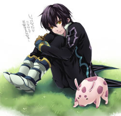 Rule 34 | 1boy, bad id, bad pixiv id, black hair, boots, chirukome, coat, full body, gloves, grass, jude mathis, male focus, pants, parucon, pig, sitting, solo, tales of (series), tales of xillia, translation request, yellow eyes