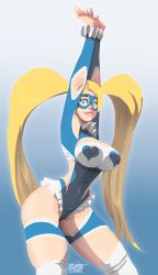 Rule 34 | 1girl, blonde hair, blue eyes, breasts, domino mask, gradient background, highres, leotard, looking at viewer, mask, rainbow mika, revealing clothes, smile, solo, street fighter, tovio rogers, twintails, upper body