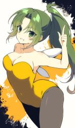 Rule 34 | 1girl, bare arms, bare shoulders, bee costume, black pantyhose, blush, breasts, cleavage, collarbone, commentary request, covered navel, cowboy shot, curvy, eyes visible through hair, green eyes, green hair, grin, groin, hand up, highres, higurashi no naku koro ni, honey day, index finger raised, large breasts, leotard, long hair, looking at viewer, pantyhose, parted bangs, ponytail, simple background, smile, solo, sonozaki mion, standing, suzuragi karin, very long hair, white background, yellow leotard