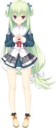 Rule 34 | 1girl, absurdres, black legwear, blunt bangs, full body, green hair, hair ribbon, highres, kobuichi, long hair, looking at viewer, low-tied long hair, murasame (senren), official art, own hands clasped, own hands together, red eyes, ribbon, senren banka, skirt, sleeves past wrists, smile, solo, transparent background, two side up