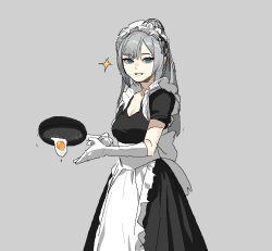Rule 34 | 1girl, apron, black dress, blue eyes, breasts, cleavage, commentary, dress, egg, egg (food), elbow gloves, english commentary, food, fried egg, frills, frying pan, gloves, gogalking, grey background, grey hair, grin, hair between eyes, highres, holding, holding frying pan, long dress, long hair, looking at viewer, maid, maid (gogalking), maid headdress, medium breasts, original, ponytail, short sleeves, sidelocks, simple background, smile, solo, teeth, upper body, waist apron, white apron, white gloves