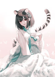 Rule 34 | 1girl, absurdres, animal ear fluff, animal ears, black hair, commentary, gradient background, hanbok, hand up, highres, jisu lee, korean clothes, looking at viewer, original, parted lips, pink background, red eyes, short hair, smile, solo, striped tail, symbol-only commentary, tail, tiger ears, tiger girl, tiger tail, white background