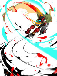 Rule 34 | 1boy, amanhecer eod, armor, blonde hair, blood, energy sword, forehead jewel, glowing, glowing eyes, hand on ground, highres, holding, holding sword, holding weapon, light trail, long hair, mega man (series), mega man zero (series), red armor, red helmet, simple background, sketch, slashing, solo, sword, weapon, white background, z saber, zero(z) (mega man), zero (mega man)