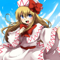 Rule 34 | 1girl, bad id, bad pixiv id, blonde hair, blue eyes, bow, bowtie, capelet, day, female focus, hand on own chest, hat, hat bow, lily white, long hair, marimo danshaku, music, open mouth, singing, sky, smile, solo, touhou