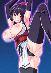 Rule 34 | 1girl, armpits, arms up, bdsm, black thighhighs, blue background, bondage, bound, breasts, bursting breasts, cleavage, hanazuka ryouji, highres, huge breasts, kourindou tengu costume, large breasts, leg lift, legs, licking lips, long legs, naughty face, shameimaru aya, solo, spread legs, sweat, thighhighs, thighs, tongue, tongue out, touhou