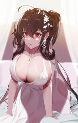 Rule 34 | 1girl, absurdres, ahoge, all fours, ankh man, azur lane, bare shoulders, black hair, breasts, center opening, cocktail dress, dress, earrings, evening gown, hair between eyes, hair ornament, highres, huge breasts, jewelry, long hair, looking at viewer, necklace, official alternate costume, plunging neckline, red eyes, sagging breasts, see-through, see-through dress, sleeveless, sleeveless dress, solo, taihou (azur lane), taihou (temptation on the sea breeze) (azur lane), very long hair, wedding dress, white dress