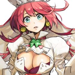 Rule 34 | 1girl, arc system works, breasts, cleavage, cleavage cutout, clothing cutout, earrings, elphelt valentine, green eyes, guilty gear, guilty gear xrd, hungry clicker, jewelry, large breasts, looking at viewer, parted lips, pink hair, solo, upper body