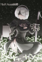 Rule 34 | 1girl, absurdres, black blindfold, blindfold, breasts, cleavage, closed mouth, flower, gloves, glowing flower, grass, headband, highres, holding, holding sword, holding weapon, katana, long sleeves, mole, mole under mouth, mrotan, nier:automata, nier (series), night, night sky, on floor, pod (nier:automata), short hair, sitting, sky, solo, star (sky), sword, weapon, white flower, white gloves, white hair, 2b (nier:automata)