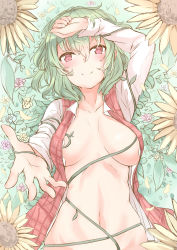 Rule 34 | 1girl, arm up, blush, breasts, breasts apart, closed mouth, flower, from above, green hair, hair between eyes, highres, kazami yuuka, large breasts, looking at viewer, lying, medium hair, navel, no bra, petals, plaid, plaid vest, reaching, reaching towards viewer, red eyes, shirt, smile, solo, sunflower, touhou, upper body, vest, white shirt, yukishiro arte