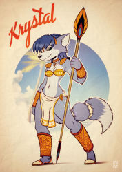 Rule 34 | 1girl, absurdres, animal ears, animal nose, arm at side, arm tattoo, armor, artist name, bandeau, blue fur, blue hair, blue sky, body fur, breasts, character name, choker, circlet, cleavage, closed mouth, cloud, collarbone, english text, female focus, fox-pop vli, fox ears, fox girl, fox tail, full body, furry, furry female, green eyes, groin, hand up, happy, highres, holding, holding polearm, holding spear, holding weapon, jewelry, krystal, leg tattoo, legs apart, loincloth, looking at viewer, navel, necklace, nintendo, outline, palm tree, polearm, retro artstyle, sandals, shin guards, short hair, shoulder armor, sky, small breasts, smile, snout, solo, spear, standing, star fox, star fox adventures, stomach, tail, tail ornament, tail ring, tattoo, tree, two-tone fur, v-shaped eyebrows, vambraces, watermark, weapon, white footwear, white fur, white outline, yellow bandeau