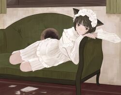Rule 34 | 1girl, :&lt;, animal ears, apron, arm rest, blunt bangs, brown eyes, brown hair, carpet, cat ears, couch, dress, expressionless, highres, indoors, looking at viewer, lying, maid, maid apron, maid headdress, maoyasumisumi, on side, original, paper, short hair, solo, white apron, white dress