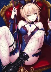 Rule 34 | 1girl, ahoge, animal ears, artoria pendragon (alter swimsuit rider) (fate), artoria pendragon (alter swimsuit rider) (third ascension) (fate), artoria pendragon (fate), black footwear, black thighhighs, blonde hair, blue leotard, boots, braid, breasts, broom, chair, choker, cleavage cutout, clothing cutout, commentary, detached sleeves, fake animal ears, fate/grand order, fate (series), fishnet thighhighs, fishnets, gem, glint, hairband, hand up, highres, holding, holding broom, holding weapon, jacket, jewelry, knees up, leotard, light particles, light smile, looking at viewer, medium breasts, multicolored leotard, multiple rings, nail polish, navel, open clothes, purple gemstone, purple leotard, purple lips, rabbit ears, red nails, ribbon, ring, sakiyamama, shoes, short hair, signature, sitting, solo, thighhighs, tsurime, weapon, yellow eyes