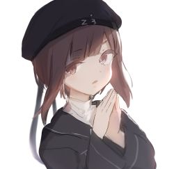 Rule 34 | 1girl, arms up, brown eyes, brown hair, dress, hat, kantai collection, long sleeves, looking at viewer, military hat, open mouth, peaked cap, sailor collar, sailor dress, sailor hat, shaded face, short hair, simple background, solo, white background, yae (yaecun), z3 max schultz (kancolle)