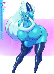 Rule 34 | 1girl, absurdres, blue diamond (steven universe), blue eyes, blue skin, boots, breasts, colored skin, diamond (gemstone), elbow gloves, female focus, full body, functionally nude, gigantic breasts, gloves, highres, long hair, looking at viewer, parted lips, plump, skindentation, slb, solo, steven universe, thick thighs, thigh boots, thighs, white hair, wide hips