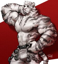 Rule 34 | 1boy, abs, animal ears, arknights, artist name, bara, blue eyes, chain, commentary, cross scar, dated, english commentary, facial scar, furry, furry male, highres, male focus, mountain (arknights), multiple scars, muscular, muscular male, pants, pectorals, scar, scar on arm, scar on cheek, scar on chest, scar on face, scar on stomach, tail, tiger boy, tiger ears, tiger stripes, tiger tail, tim (shockjaws), topless male, white pants