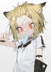 Rule 34 | 1girl, absurdres, animal ears, arknights, bandaid, blonde hair, blue nails, blush, cat ears, food, food in mouth, forehead, hair ornament, hairclip, highres, kentllaall, nail polish, notched ear, popsicle, red eyes, short hair, simple background, solo, sweat, swimsuit, vermeil (arknights), white background