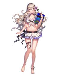 Rule 34 | 1girl, anklet, barefoot, bikini, bikini skirt, book, bracelet, corrin (female) (fire emblem), corrin (female) (summer) (fire emblem), corrin (fire emblem), feet, female focus, fire emblem, fire emblem fates, fire emblem heroes, flower, front-tie bikini top, front-tie top, full body, hair flower, hair ornament, hairband, highres, holding, holding book, jewelry, long hair, navel, nintendo, official alternate costume, official art, open mouth, pointy ears, sencha (senchat), silver hair, smile, solo, standing, swimsuit, thigh strap, toes, transparent background