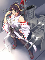Rule 34 | 1girl, black bow, black hair, blush, boots, bow, breasts, closed mouth, detached sleeves, full body, glasses, gradient background, green-framed eyewear, gun, hairband, headgear, highres, japanese clothes, kantai collection, kirishima (kancolle), kirishima kai ni (kancolle), large breasts, looking at viewer, looking up, machinery, ribbon-trimmed sleeves, ribbon trim, shingyou (alexander-13), short hair, skirt, smile, solo, standing, thigh boots, thighhighs, turret, weapon