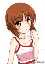 Rule 34 | 10s, 1girl, aged down, brown eyes, brown hair, camisole, child, circle, closed mouth, collarbone, commentary, dated, flipper, girls und panzer, looking at viewer, nishizumi miho, off shoulder, one-hour drawing challenge, pink shirt, shirt, short hair, simple background, smile, solo, standing, strap slip, twitter username, upper body, white background