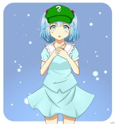 Rule 34 | 1girl, absurdres, artist name, bare legs, blue eyes, blue hair, blush, cabbie hat, collar, dress, frilled collar, frilled shirt collar, frills, hair bobbles, hair ornament, hands on own chest, hat, heart, highres, kawashiro nitori, looking at viewer, matching hair/eyes, own hands clasped, own hands together, puffy short sleeves, puffy sleeves, short hair, short sleeves, short twintails, skirt, skirt set, snow, solo, standing, touhou, twintails, two side up