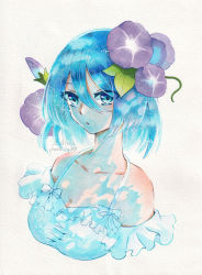 Rule 34 | 1girl, absurdres, ayafuji arisa, bare shoulders, blue eyes, breasts, commentary request, cropped torso, dress, eyes visible through hair, flower, frilled dress, frills, hair between eyes, hair flower, hair ornament, halter dress, halterneck, highres, looking at viewer, marker (medium), medium breasts, medium hair, morning glory, original, parted lips, purple flower, ribbon, signature, simple background, solo, traditional media, tsurime, twitter username, watermark, white background, white dress, white ribbon
