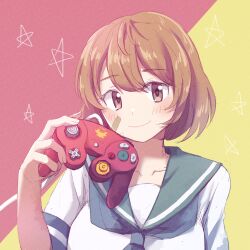 Rule 34 | 1girl, absurdres, bandaid, bandaid on face, blush, collarbone, controller, game controller, gamecube controller, gamepad, highres, holding, holding controller, holding game controller, kantai collection, light brown hair, looking at viewer, missou shiro, neckerchief, oboro (kancolle), sailor collar, school uniform, serafuku, short hair, short sleeves, simple background, smile, solo, two-tone background, upper body