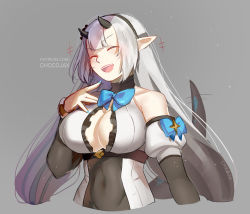 Rule 34 | black hairband, breasts, chocojax, epic seven, grey background, hairband, horns, large breasts, nail polish, pointy ears, ribbon, smile, solo, tail, white hair, yufine (epic seven)