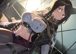 Rule 34 | 1girl, animal ears, backlighting, black hair, black pantyhose, breasts, capelet, cleavage, closed mouth, commission, crop top, cutoffs, denim, denim shorts, dutch angle, highres, large breasts, long sleeves, looking at viewer, micro shorts, midriff, natori youkai, navel, open fly, original, panty straps, pantyhose, pixiv commission, purple shorts, revealing clothes, ribbed shirt, scarf, shirt, short shorts, shorts, sitting, skindentation, solo, spaghetti strap, stomach, suspenders, thigh strap, white shirt, yellow eyes