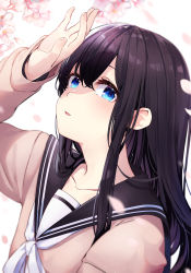 Rule 34 | 1girl, ao no neko, arm up, black hair, black sailor collar, blue eyes, bow, brown skirt, cherry blossoms, collarbone, commentary request, flower, hair between eyes, highres, long hair, long sleeves, looking at viewer, original, parted lips, petals, pink flower, sailor collar, school uniform, serafuku, skirt, sleeves past wrists, solo, upper body, white bow