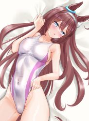 Rule 34 | 1girl, absurdres, animal ears, blush, breasts, brown hair, commentary request, competition swimsuit, covered navel, cowboy shot, hairband, highleg, highleg swimsuit, highres, horse ears, horse girl, horse tail, long hair, looking at viewer, lying, medium breasts, mihono bourbon (umamusume), multicolored clothes, multicolored swimsuit, nose blush, one-piece swimsuit, solo, swimsuit, tail, tatsumi yashiro, umamusume, white hairband, white one-piece swimsuit