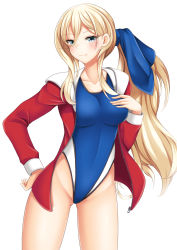 Rule 34 | 1girl, alternate hairstyle, blonde hair, blue eyes, blue ribbon, blue one-piece swimsuit, blush, bow, breasts, collarbone, competition swimsuit, cowboy shot, hair between eyes, hair bow, highres, hood, hooded jacket, jacket, kantai collection, long hair, long sleeves, looking at viewer, medium breasts, mole, mole under eye, mole under mouth, one-piece swimsuit, open clothes, ponytail, red jacket, ribbon, richelieu (kancolle), simple background, solo, standing, swimsuit, track jacket, white background, yamato (083), zipper