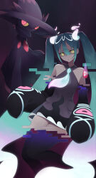 Rule 34 | 1girl, absurdres, apicium, bare shoulders, black skirt, closed mouth, commentary request, creatures (company), detached sleeves, game freak, gen 4 pokemon, ghost miku (project voltage), glitch, glowing, green hair, grey shirt, hatsune miku, highres, long hair, looking at viewer, mismagius, necktie, nintendo, pokemon, pokemon (creature), project voltage, shirt, skirt, sleeveless, sleeveless shirt, sleeves past fingers, sleeves past wrists, vocaloid, yellow eyes