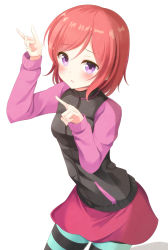 Rule 34 | 10s, 1girl, absurdres, aibumi, bad id, bad nicoseiga id, blush, commentary request, double m/, highres, jacket, love live!, love live! school idol festival, love live! school idol project, m/, nishikino maki, pantyhose, pen-zin, purple eyes, red hair, short hair, simple background, skirt, solo, striped clothes, striped pantyhose, track jacket, white background
