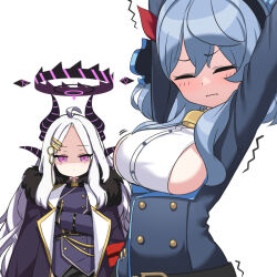 Rule 34 | 2girls, ahoge, ako (blue archive), armband, arms up, bell, belt, black coat, black skirt, blue archive, blue hair, breast envy, breasts, buttons, closed mouth, coat, coat on shoulders, commentary request, crossed arms, demon girl, demon horns, dot mouth, double-breasted, flat chest, forehead, fur-trimmed coat, fur trim, hair between eyes, hair ornament, hairband, hairclip, halo, hina (blue archive), horns, long hair, long sleeves, looking at another, medium breasts, military, military uniform, multiple girls, neck bell, o (rakkasei), open clothes, open coat, parted bangs, pencil skirt, ponytail, purple eyes, sam browne belt, shaded face, shoulder belt, side slit, sideboob, sidelocks, simple background, skirt, stretching, trembling, uniform, wavy hair, wavy mouth, white background, white hair
