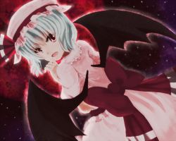 Rule 34 | 1girl, bad id, bad pixiv id, bat wings, blue hair, fang, female focus, hat, looking back, moon, night, night sky, open mouth, raayu, red eyes, red moon, remilia scarlet, sky, solo, star (sky), touhou, wings