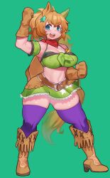 Rule 34 | 1girl, animal ears, arm up, belt, blue eyes, blush, boots, breasts, brown footwear, cleavage, clenched hands, full body, gloves, green background, green skirt, hair between eyes, hair ornament, high heels, highres, knee boots, large breasts, legs apart, light brown hair, linea alba, long hair, looking at viewer, midriff, navel, open mouth, sanjiro (tenshin anman), simple background, skirt, solo, standing, star (symbol), taiki shuttle (umamusume), tail, tareme, teeth, thick thighs, thighhighs, thighs, umamusume, zettai ryouiki