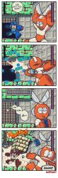 Rule 34 | 2boys, 4koma, arm cannon, blue eyes, clenched teeth, comic, commentary, cut man, defeat, drinking, english commentary, english text, helmet, highres, juice box, male focus, mega man (character), mega man (classic), mega man (series), mega man 1, multiple boys, ryan jampole, signature, teeth, weapon